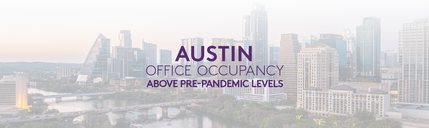 Image of downtown Austin with a text overlay reading: "Austin Office Occupancy Above Pre-Pandemic Levels"