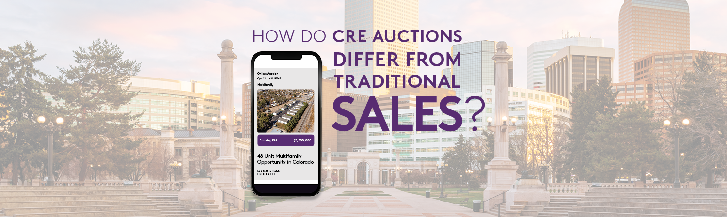 Image of a cell phone with a Ten-X auction property displayed on the screen, with "How Do Commercial Real Estate Auctions Differ From Traditional Sales?" along the side