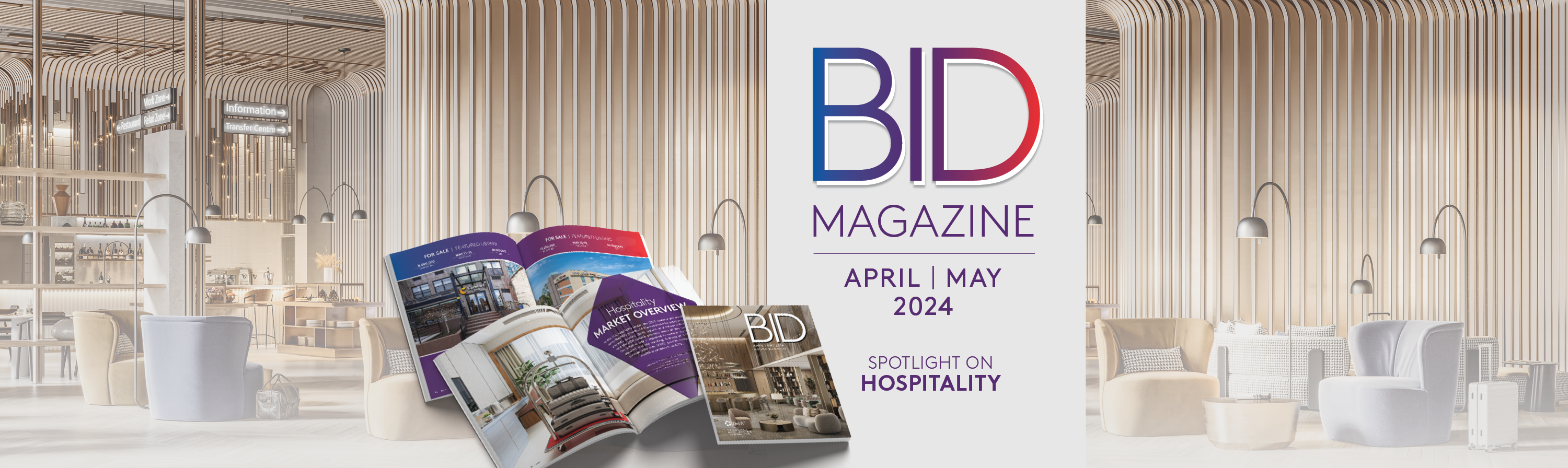 Image of a hotel interior with a copy of the April/May 2024 BID Magazine overlaid