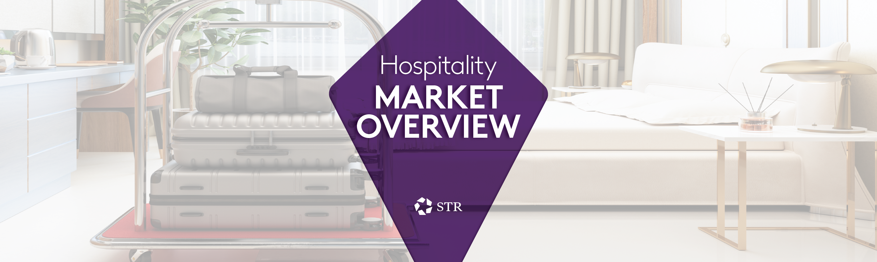 Image of a luggage cart in a hotel room with text overlay reading: "Hospitality Market Overview" with the STR logo