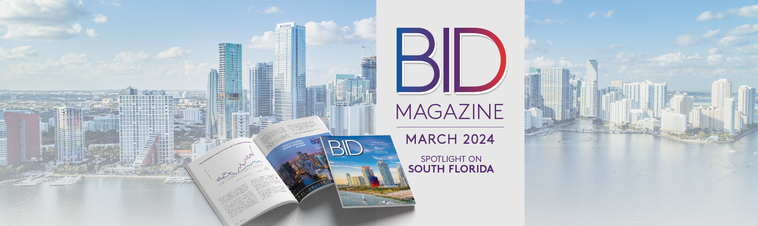 Image of Florida commercial real estate with a copy of the March 2024 issue of BID Magazine overlaid