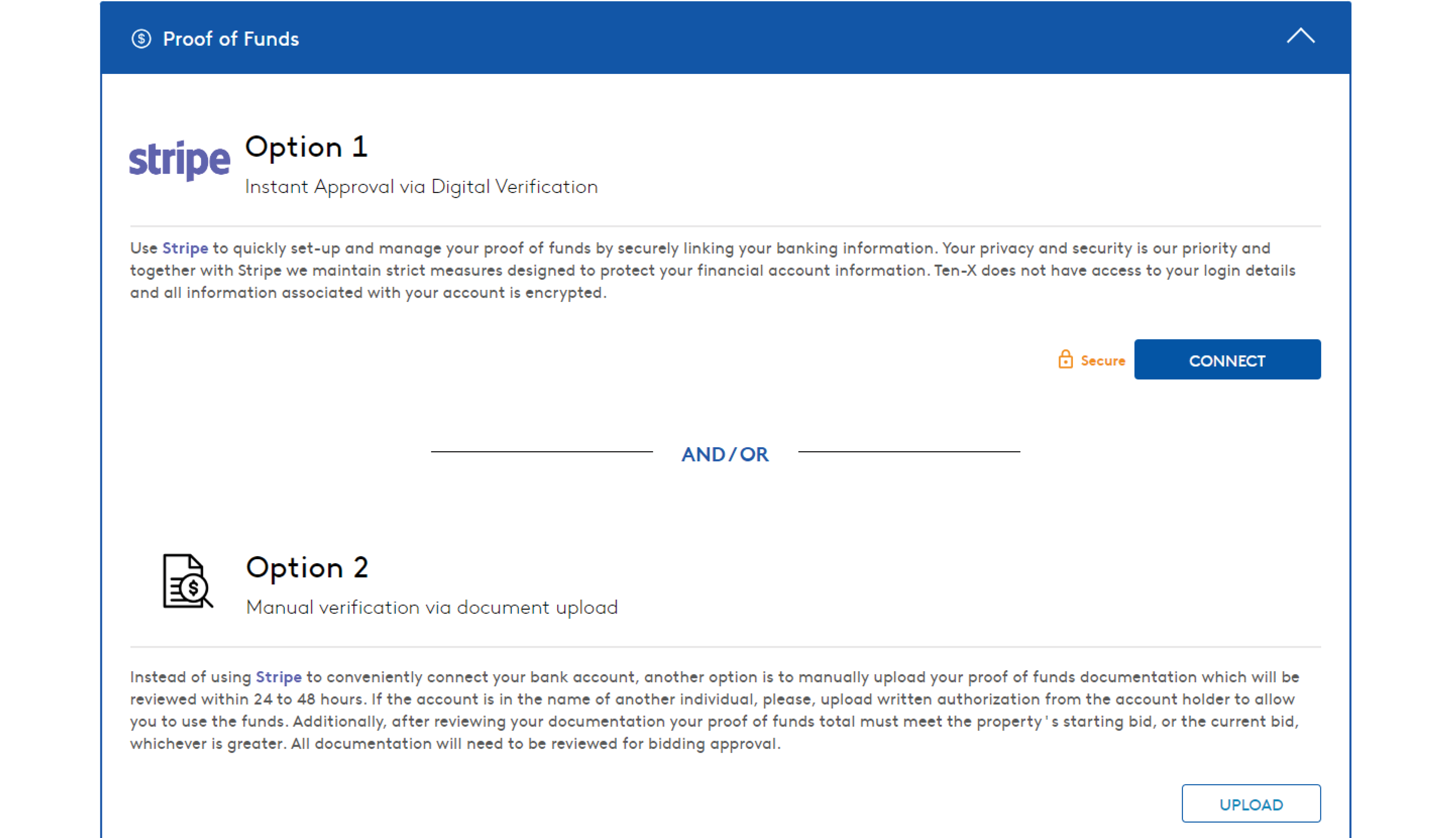 Screenshot of the "Proof of Funds" section of the Ten-X bidder registration form. The section shows two options: instant approval via digital verification (Stripe), or manual verification via document upload
