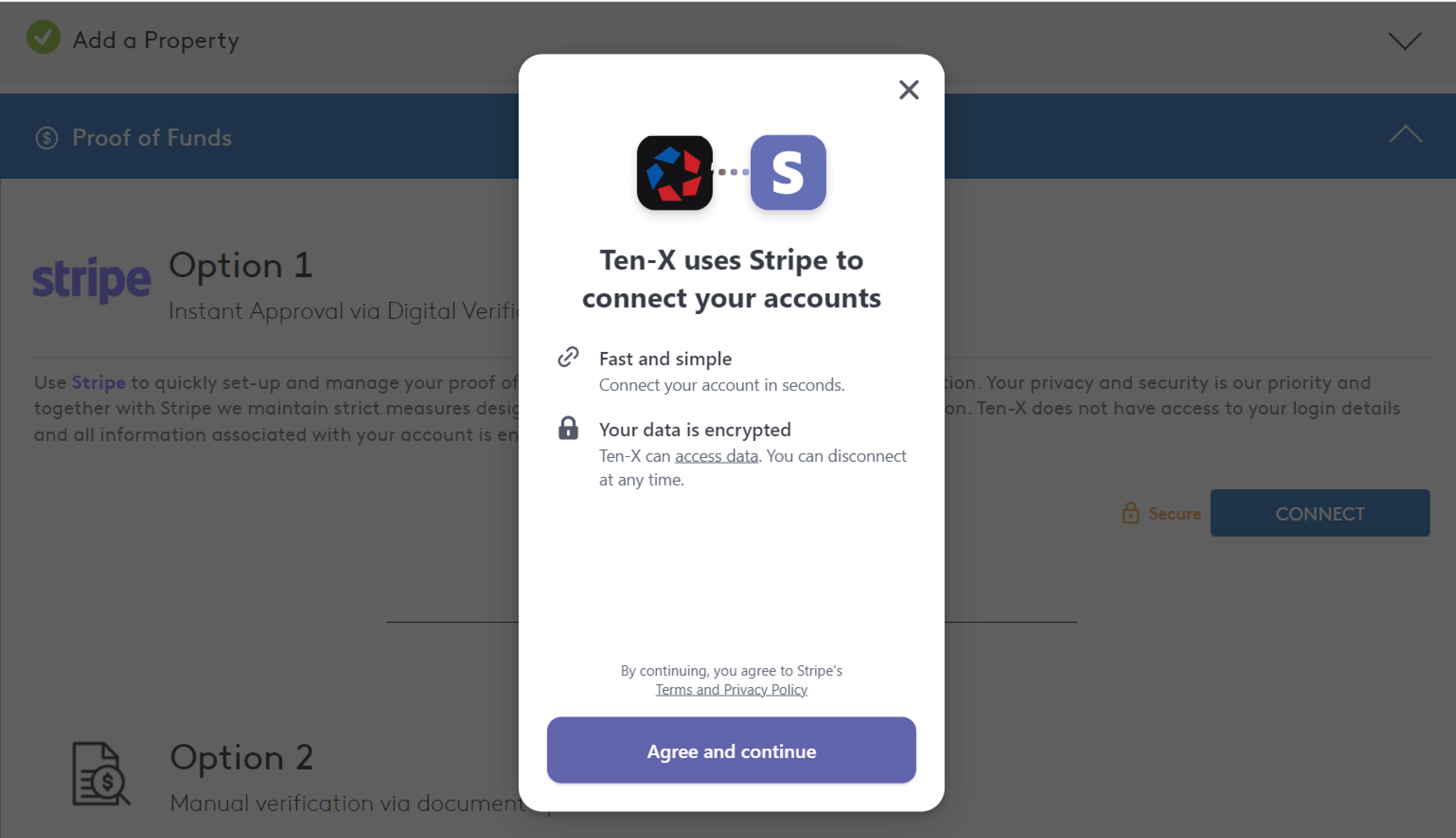 Screenshot of the Stripe popup in the Ten-X bidder registration form, with a prominent button reading "Agree and continue"