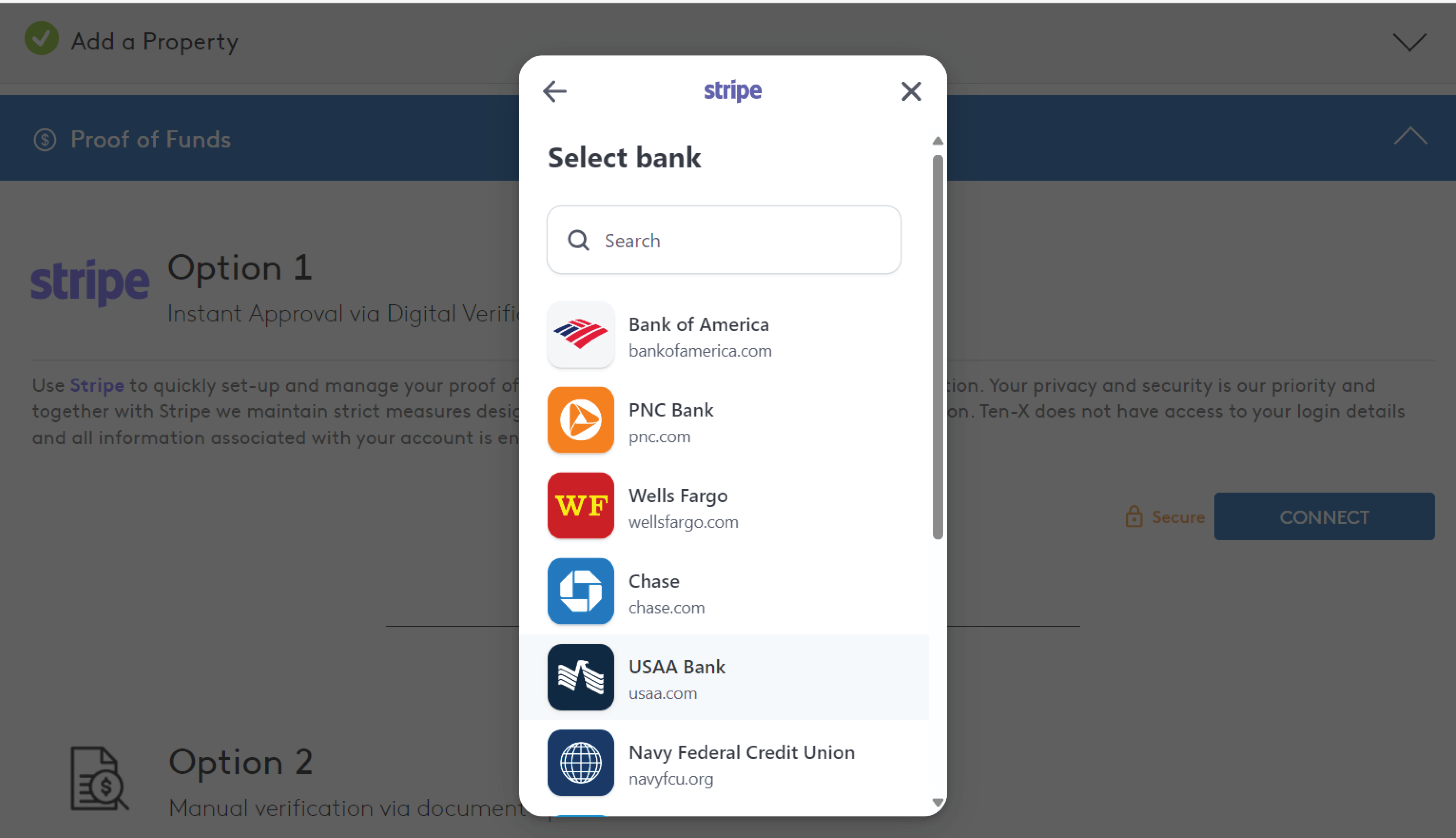 Screenshot of the Stripe popup on the Ten-X bidder registration form. The page shows a list of banking institutions