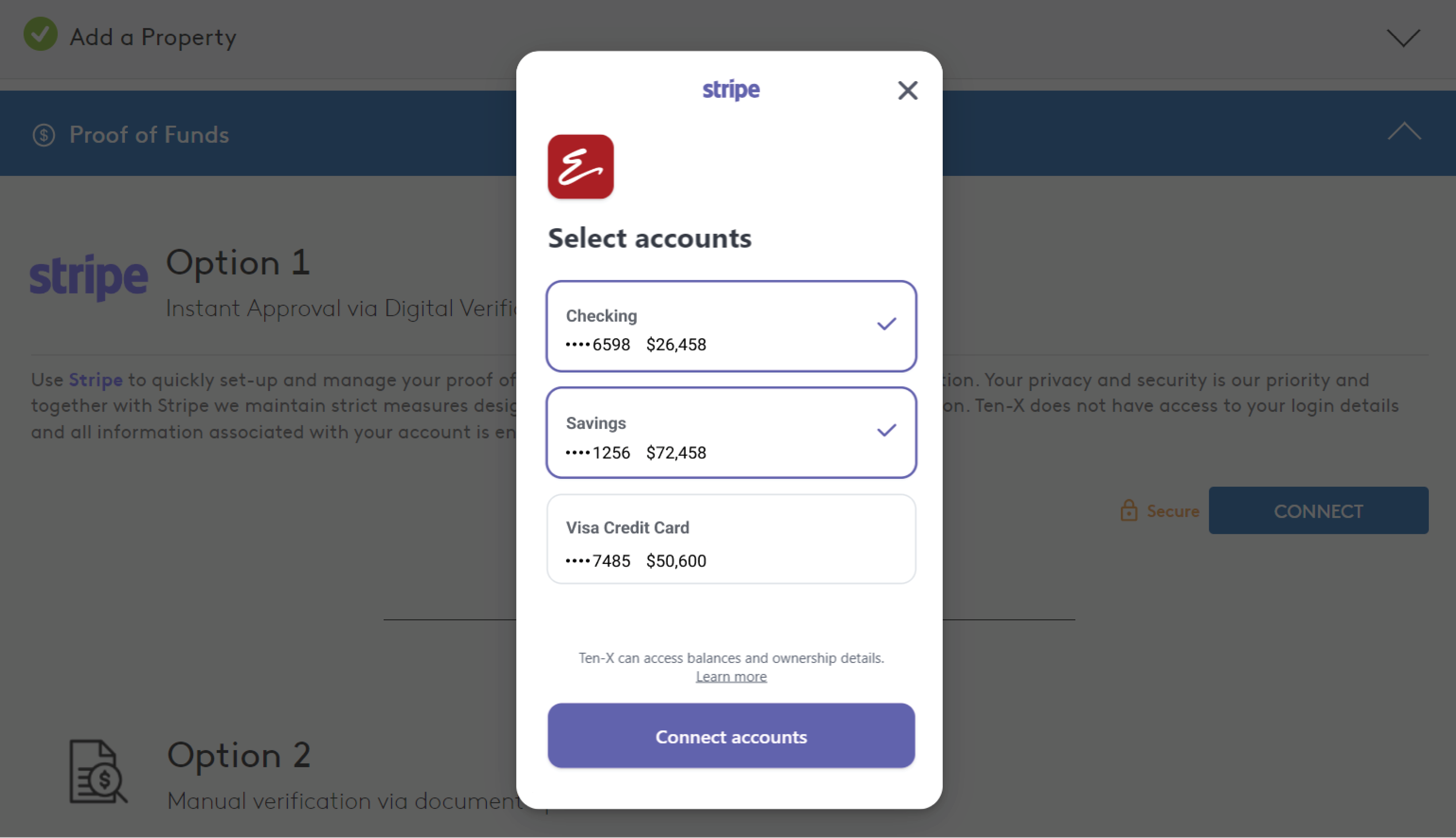 Screenshot of the Stripe popup on the Ten-X bidder registration form. The pop-up shows several bank accounts, with the option to choose one or more to connect.