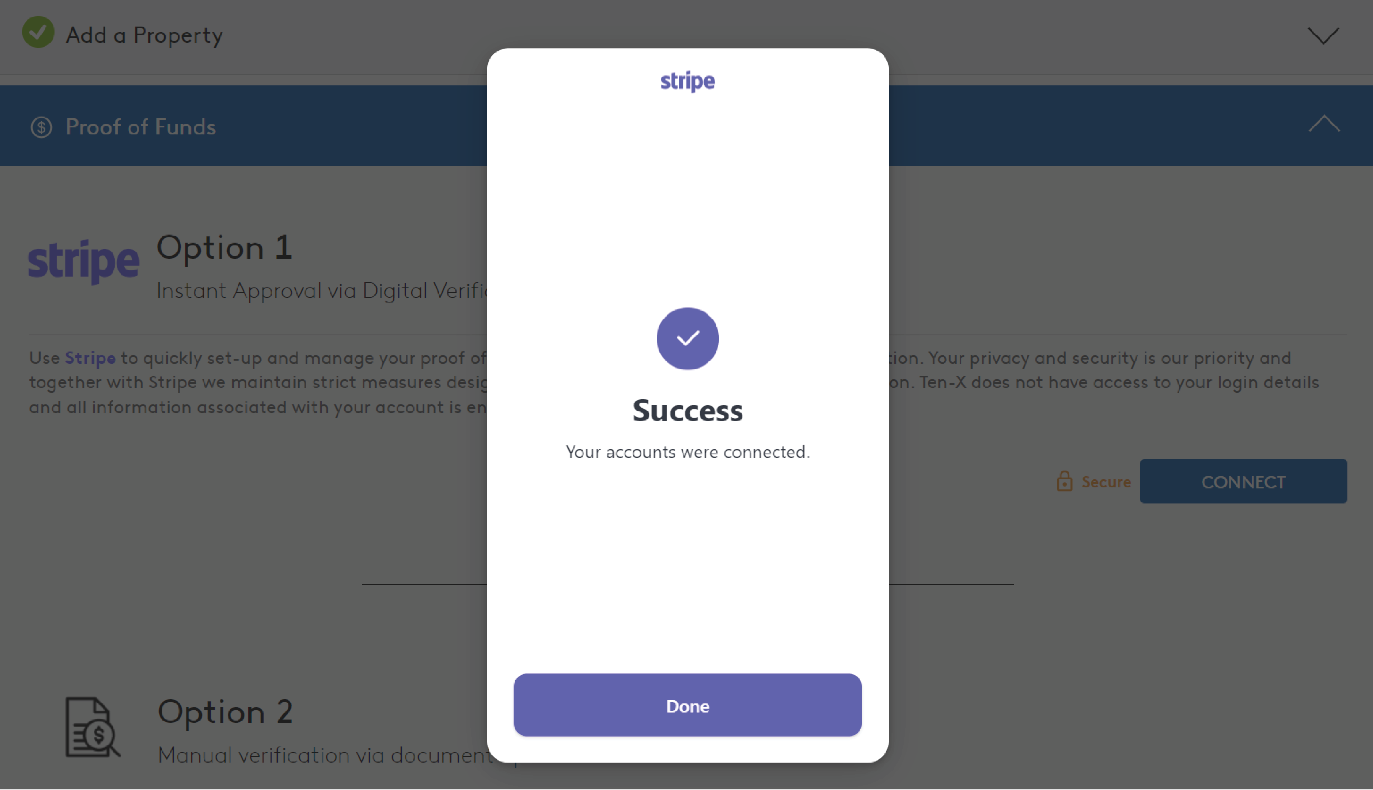 Screenshot of the Stripe pop-up on the Ten-X bidder registration form. The pop-up reads: "Success - Your accounts were connected."