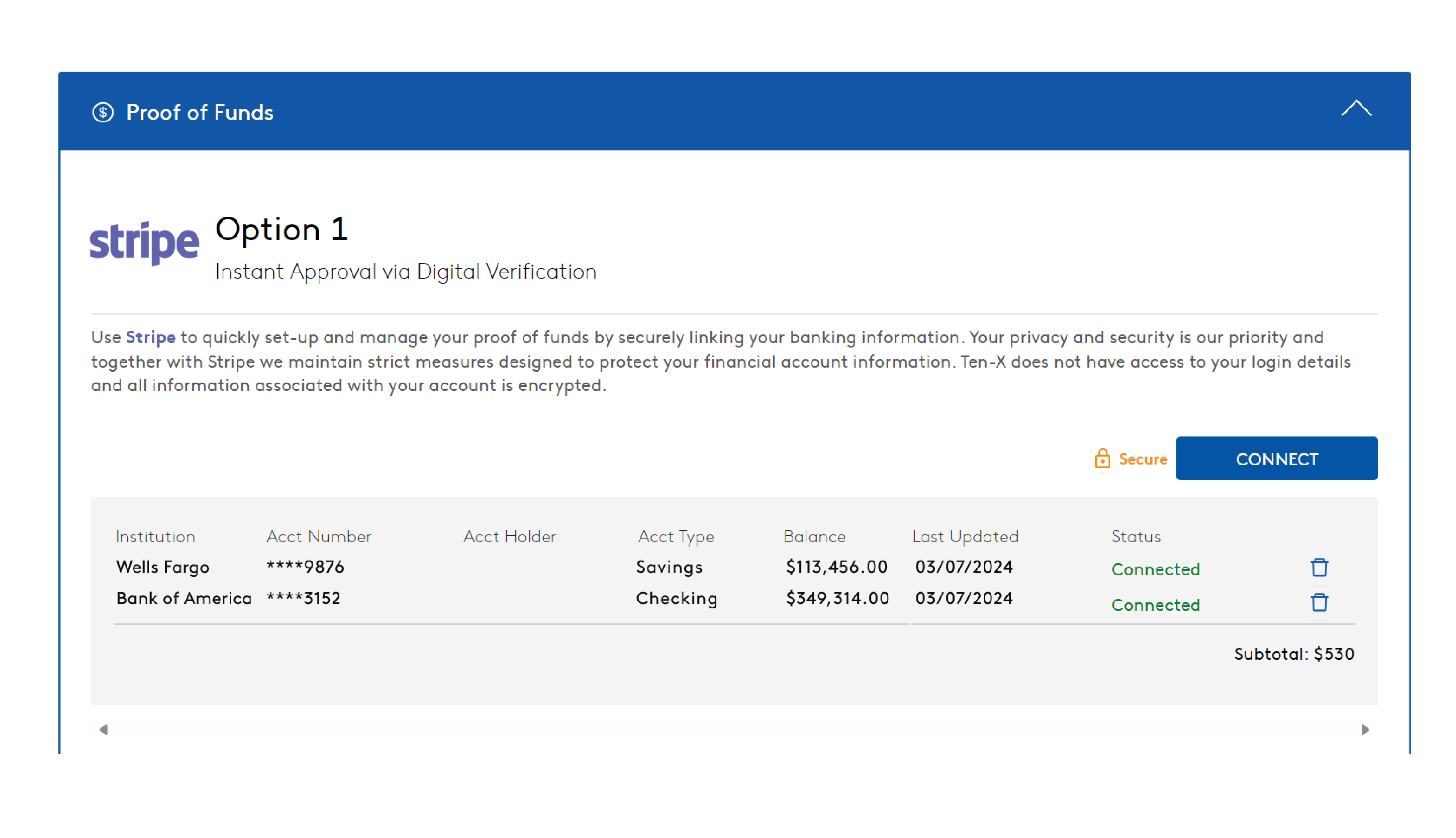 Screenshot of the "Proof of Funds" section of the Ten-X bidder registration form. It shows two linked bank accounts, their balance information, and their connection status