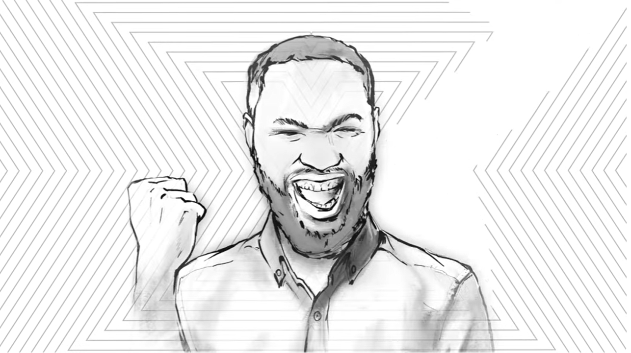 Illustration of a smiling man pumping his fist in the air with excitement