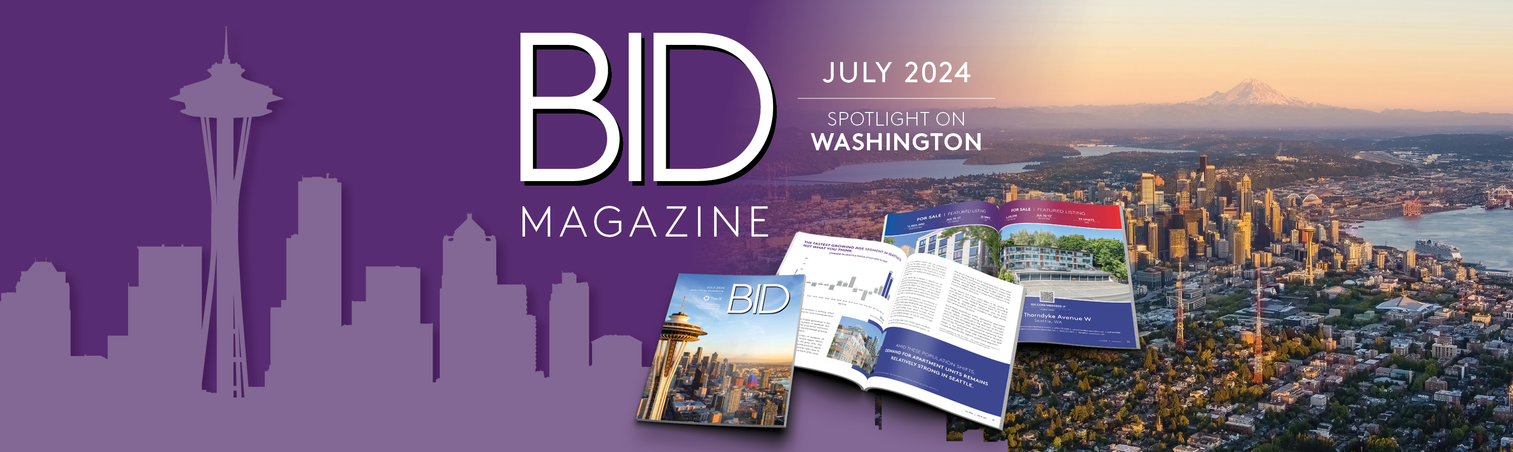 A silhouette of the Seattle skyline transitioning into a photograph of Seattle with an overlay of BID Magazine