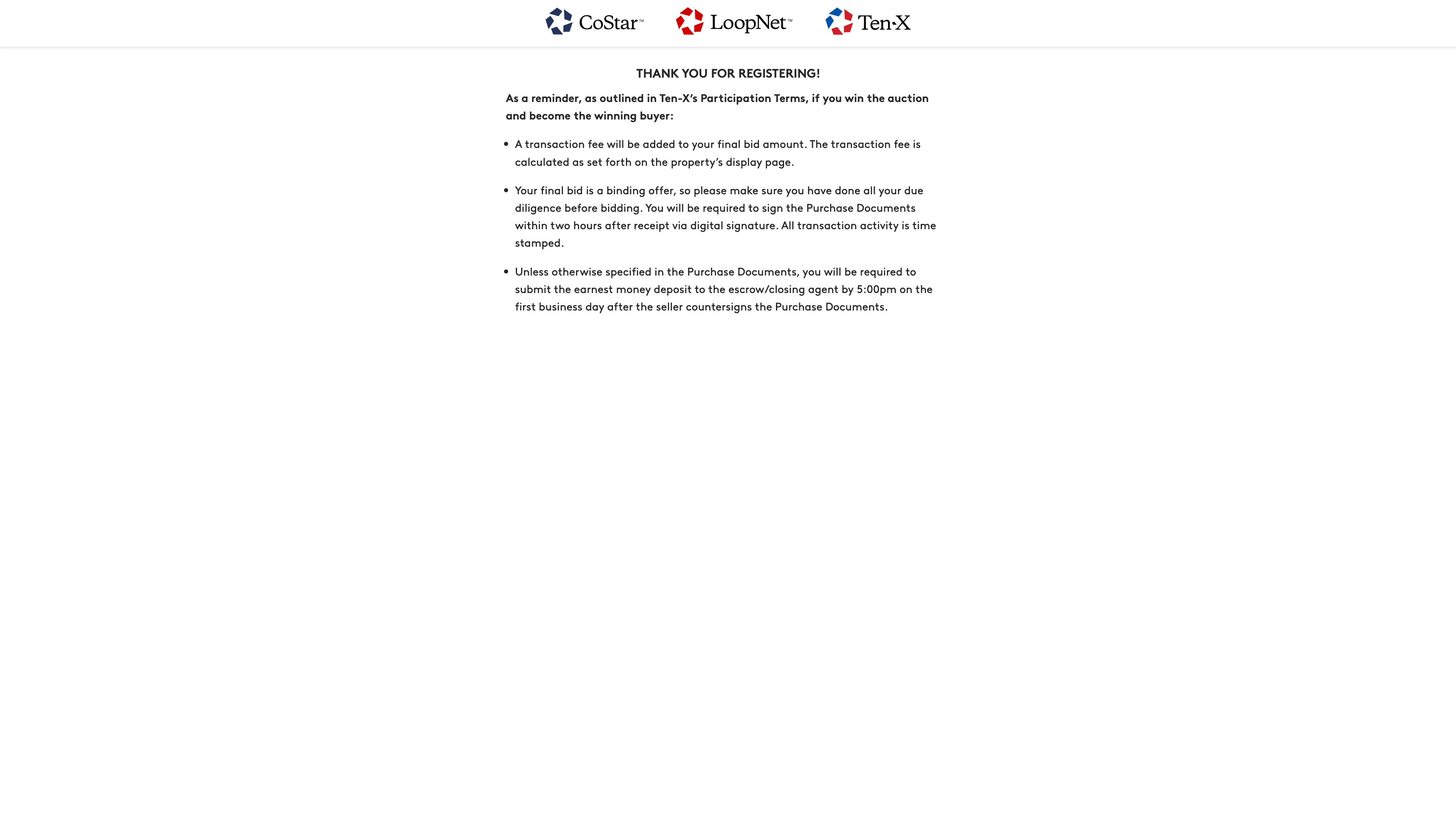 Screenshot of the completion of the bidder registration process for CoStar, LoopNet, and Ten-X. This page confirms the user's registration and outlines the Participation Terms for a winning buyer.