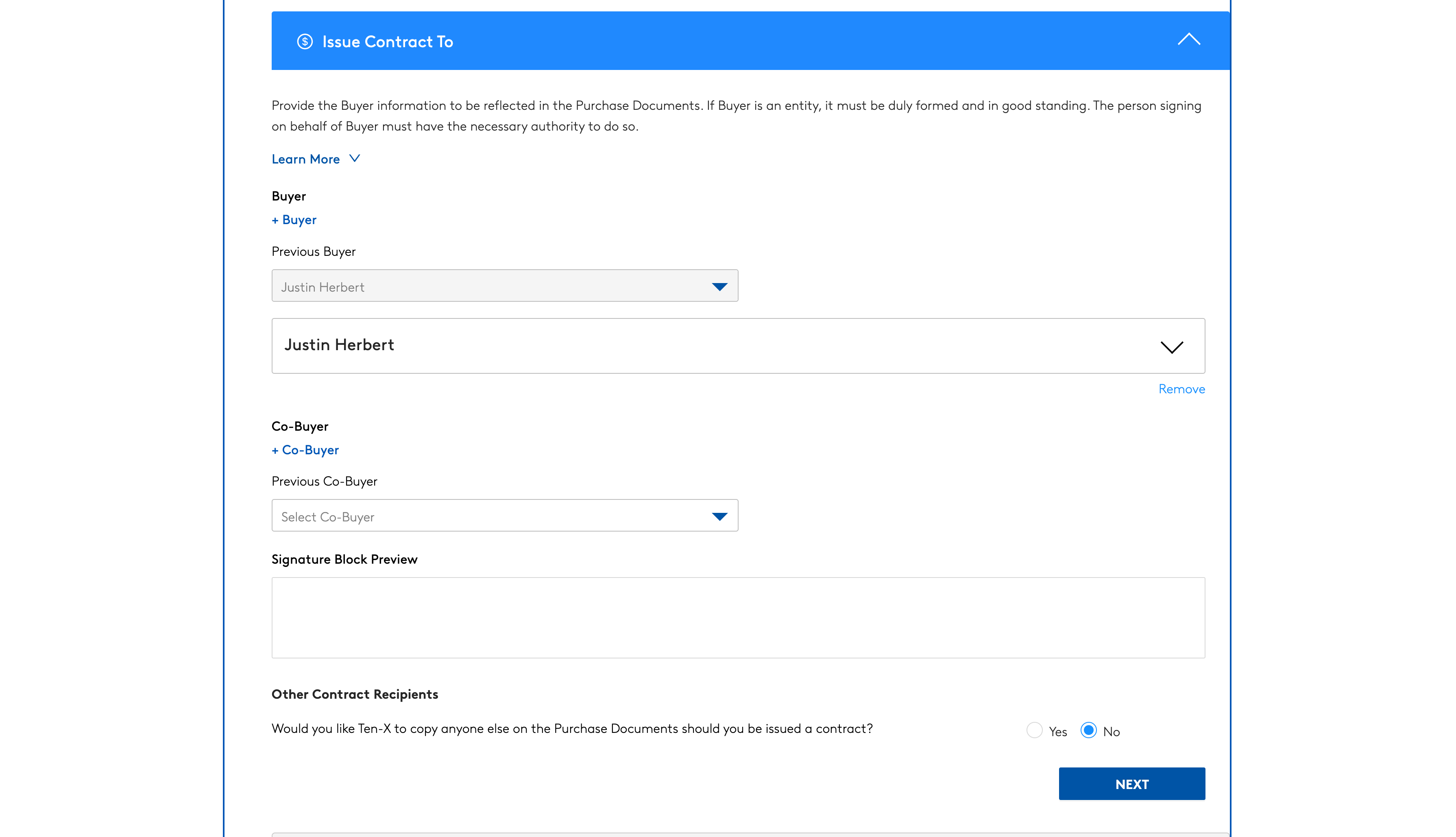 Screenshot showing how to add other contract recipients when registering to bid for a property on Ten-X, LoopNet, and CoStar