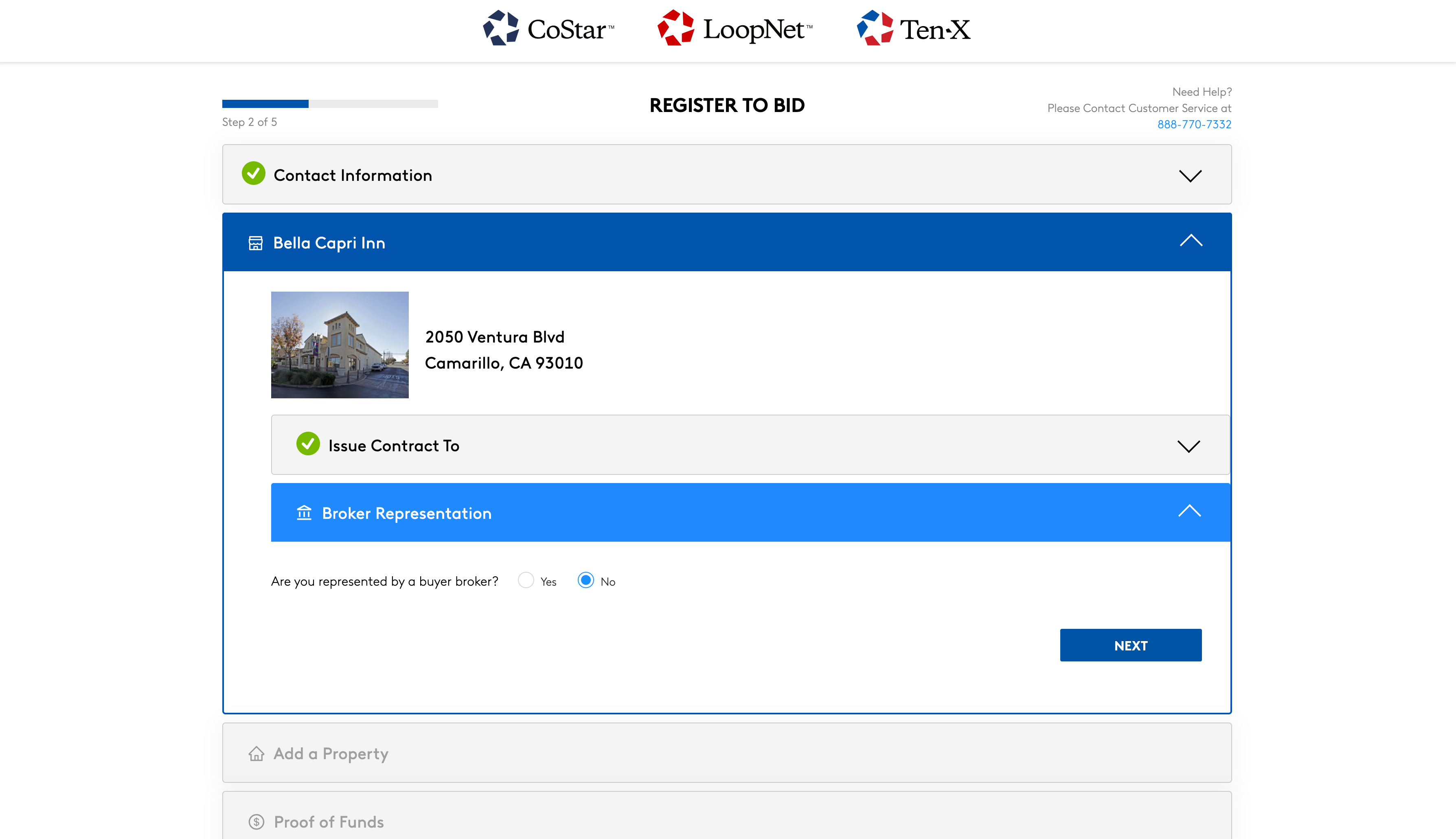 Screenshot showing how to add broker information in the Ten-X, LoopNet, and CoStar bidder registration form