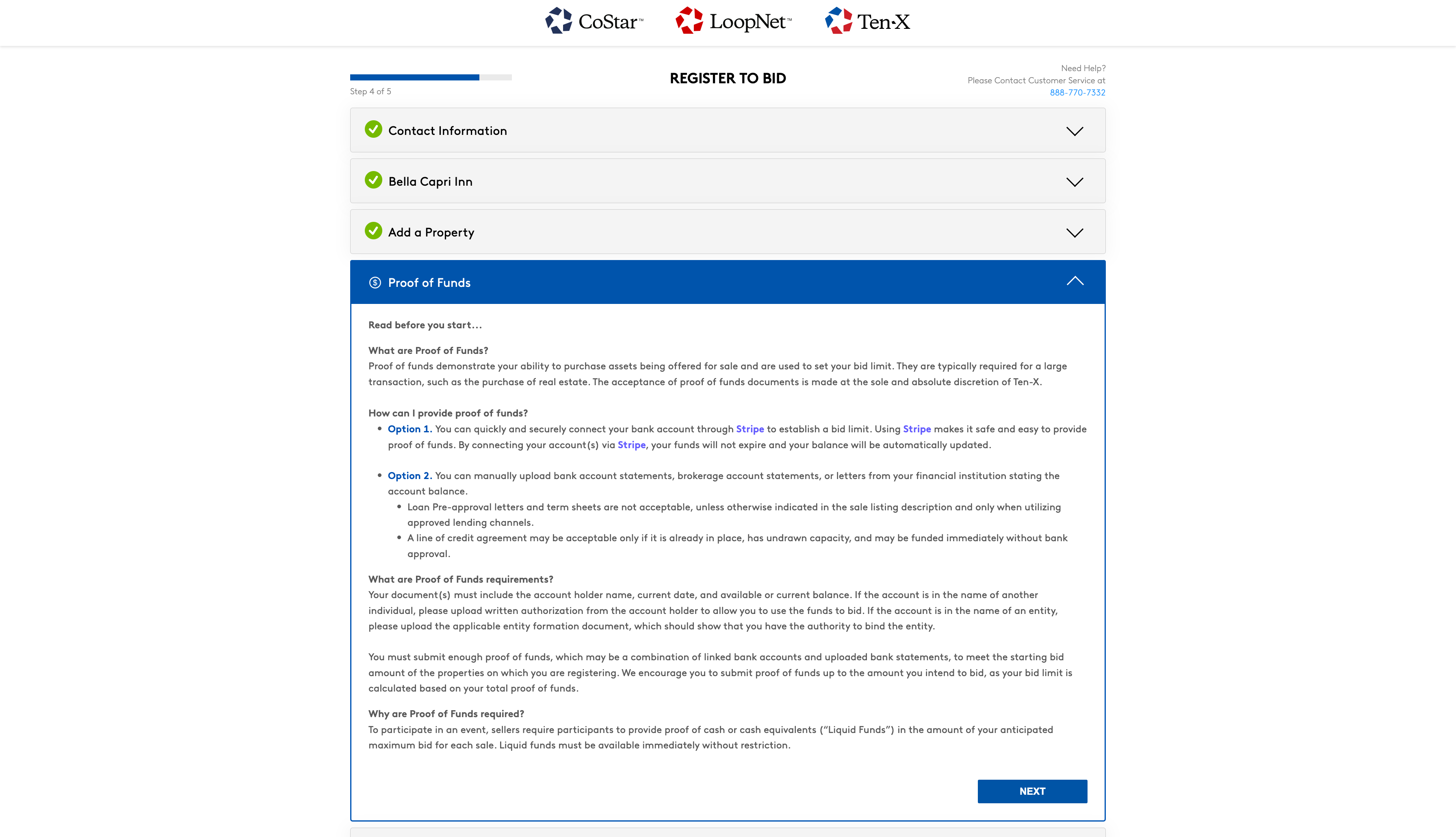 Screenshot of the Proof of Funds section of the CoStar, LoopNet, and Ten-X bidder registration form