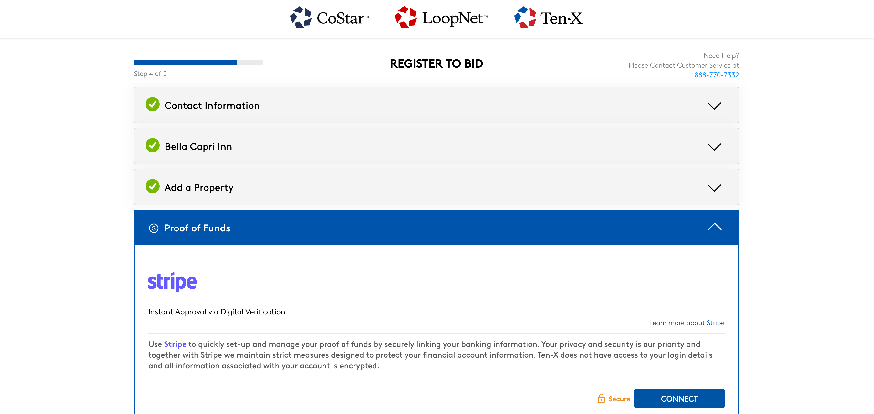 Screenshot showing how to link your bank account through Stripe when registering to bid for an auction property on Ten-X, LoopNet, and CoStar