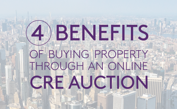 Aerial shot of New York City with "4 Benefits of Buying Property Through an Online CRE Auction" overlaid