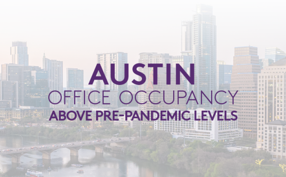 Image of downtown Austin with a text overlay reading: "Austin Office Occupancy Above Pre-Pandemic Levels"