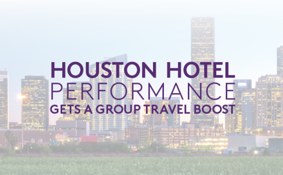 Image of downtown Houston with a text overlay reading: "Houston Hotel Performance Gets a Group Travel Boost"