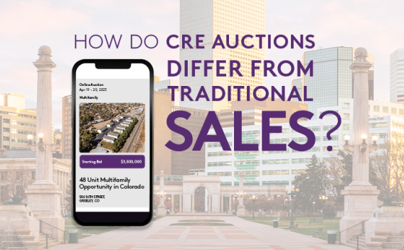 Image of a cell phone with a Ten-X auction property displayed on the screen, with "How Do Commercial Real Estate Auctions Differ From Traditional Sales?" along the side