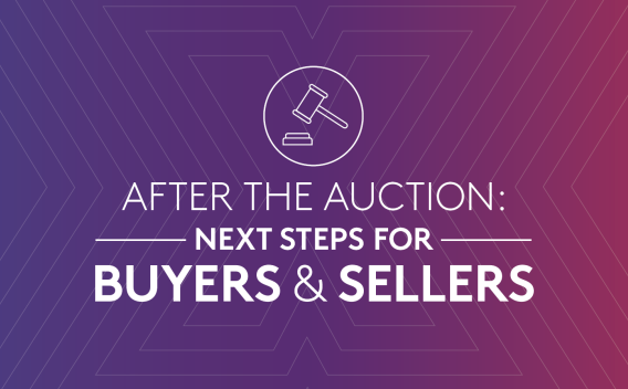 Gradient banner reading: "After the Auction: Next Steps for Buyers and Sellers" with an image of a gavel above the title