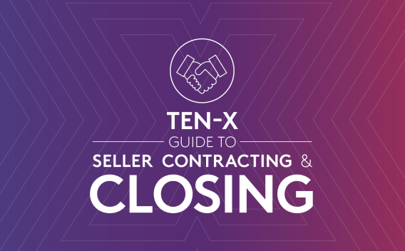 Gradient header reading: "Ten-X Guide to Seller Contracting and Closing" with a graphic of a handshake above
