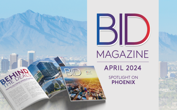 Image of Phoenix, Arizona with a copy of the April 2024 issue of BID Magazine overlaid