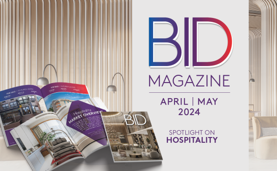 Image of a hotel interior with a copy of the April/May 2024 BID Magazine overlaid