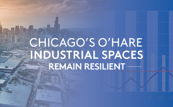 Image of an industrial property in Chicago with a graph and the text "Chicago's O'Hare Industrial Spaces Remain Resilient" overlaid
