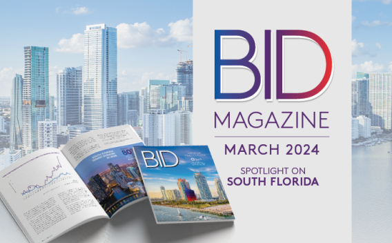 Image of Florida commercial real estate with a copy of the March 2024 issue of BID Magazine overlaid
