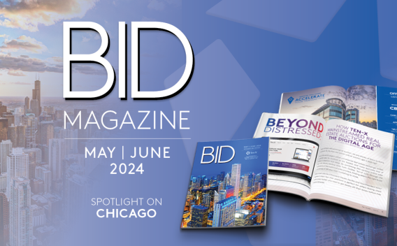 Image of the Chicago skyline overlaid with a copy of the May/June 2024 issue of BID Magazine