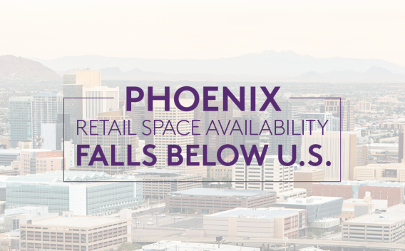 Image of downtown Phoenix with a text overlay reading: "Phoenix Retail Space Availability Falls Below U.S."