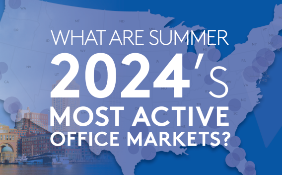 A photo of the Boston skyline with the text "What are Summer 2024's most active office markets?" superimposed