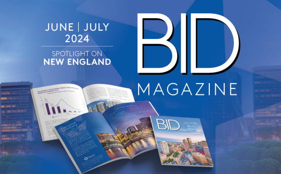 Image of the Chicago skyline with the June/July 2024 BID Magazine superimposed