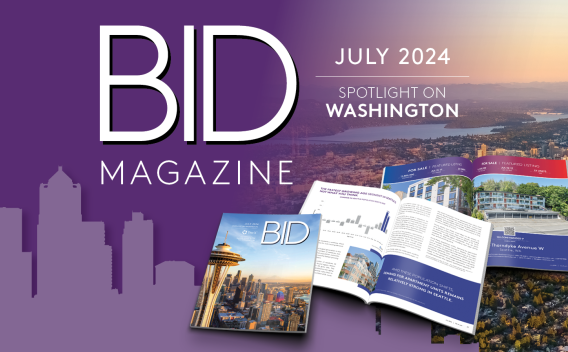 A silhouette of the Seattle skyline transitioning into a photograph of Seattle with an overlay of BID Magazine