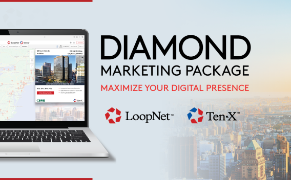 Image of a laptop with a LoopNet Diamond ad displayed. The text reads: "Diamond Marketing Package: Maximize Your Digital Presence"