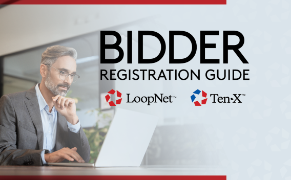 Image of a business man sitting at a computer. The text overlaid reads: "Bidder Registration Guide". The Ten-X and LoopNet logos are featured.